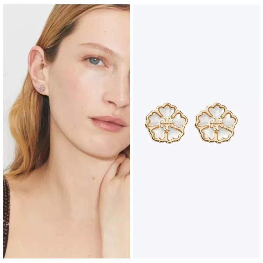 Tory Burch Gold Shell Forget Me Not Flower Stud Earrings